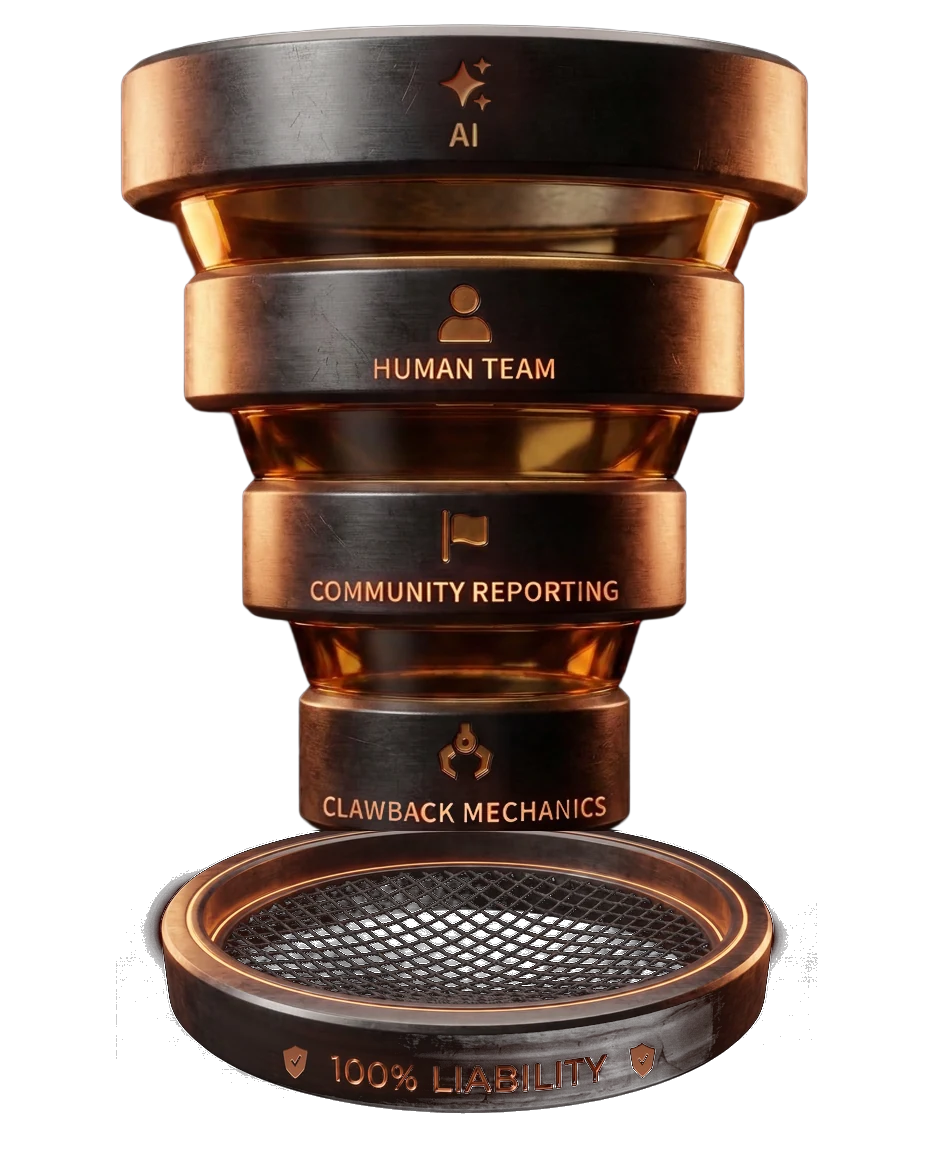 4-layer moderation funnel: AI, human team, community reporting, clawback mechanics. CurseForge's 100% liability backstop