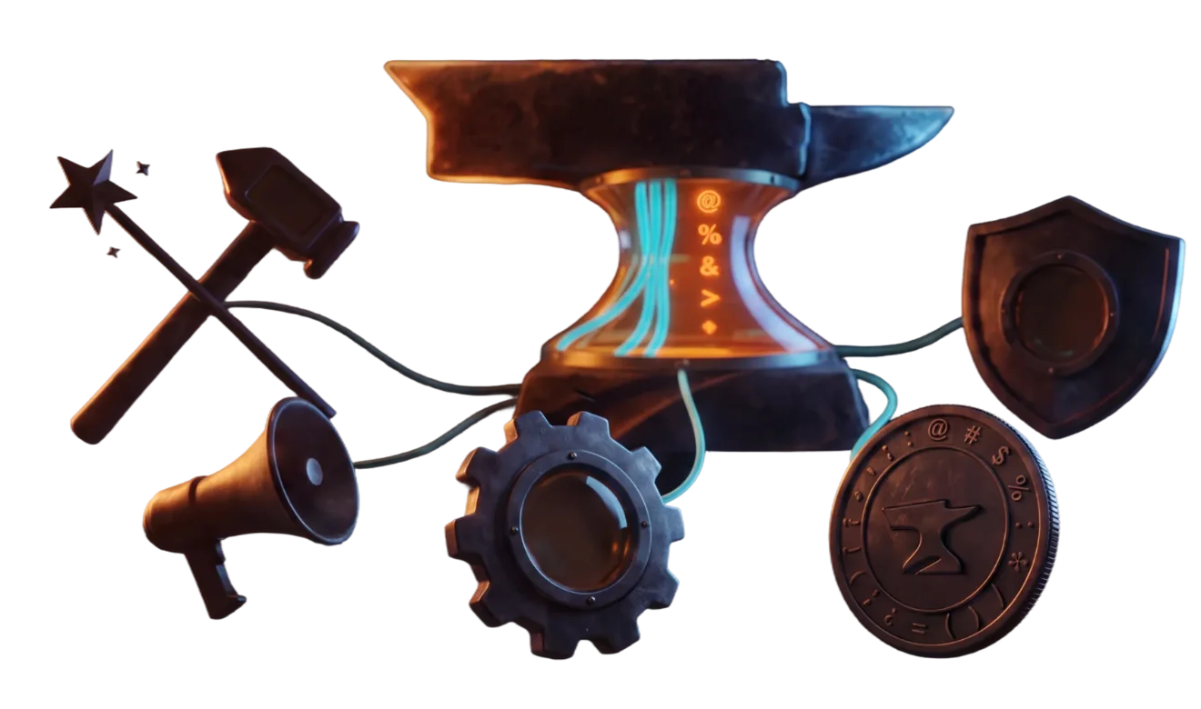 Modding toolset: anvil, hammer, megaphone, gear, shield, and coin
